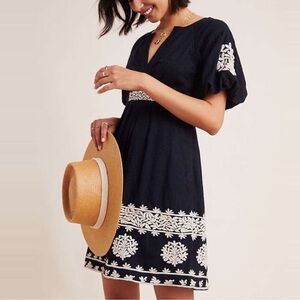 Anthropologie Orla Embroidered Jacquard Puff Sleeve Pleated Mini Dress Office